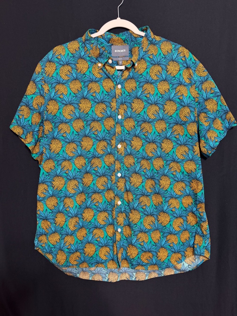 Bonobos Teal Short-Sleeve Button-Down with Yellow Pineapple Print Slim Fit Xxl